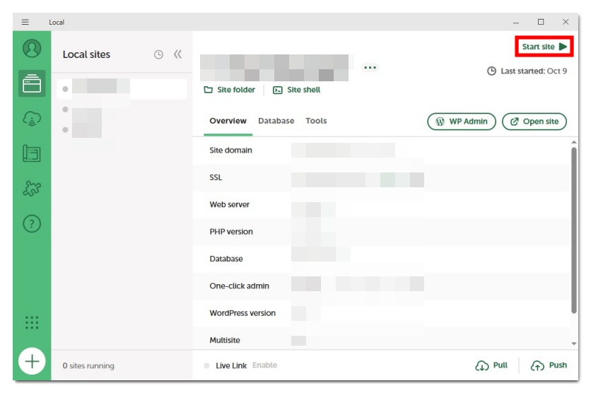 Localの画面。「Start site」をクリックする。