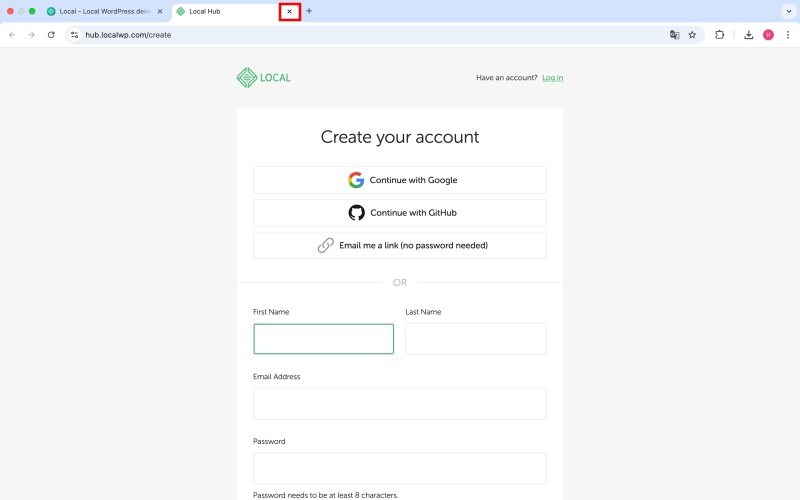 Chromeで開いたアカウント作成画面