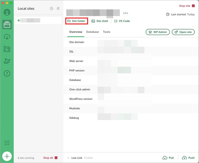 Localの通常画面。サイトを選択すると、「Site folder」を表示するボタンが表示されている。